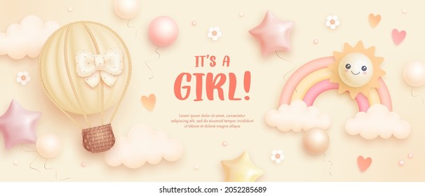 Baby shower horizontal banner with cartoon hot air balloon, rainbow, sun, helium balloons and flowers on beige background. It's a girl. Vector illustration