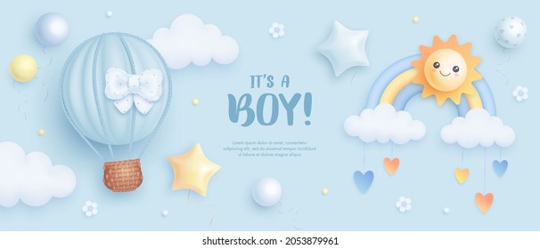 Baby shower horizontal banner with cartoon hot air balloon, rainbow, sun, helium balloons and clouds on blue background. It's a boy. Vector illustration