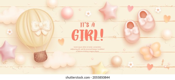 Baby shower horizontal banner with cartoon hot air balloon, shoes, helium balloons and flowers on pink background. It's a girl. Vector illustration