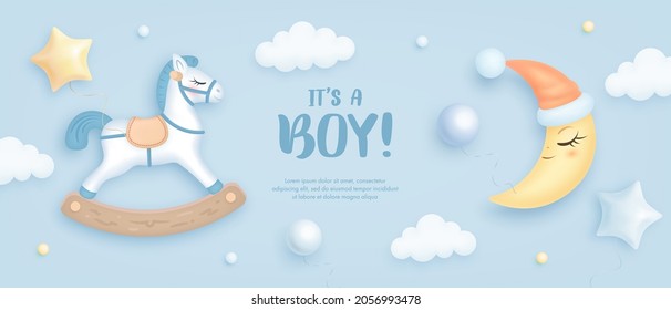 Baby Shower Horizontal Banner With Cartoon Horse, Crescent Moon And Helium Balloons On Blue Background. It's A Boy. Vector Illustration