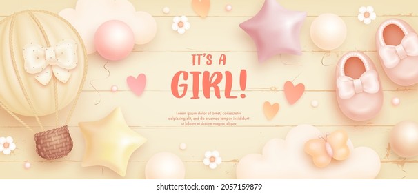 Baby shower horizontal banner with cartoon hot air balloon, shoes, helium balloons and flowers on beige background. It's a girl. Vector illustration