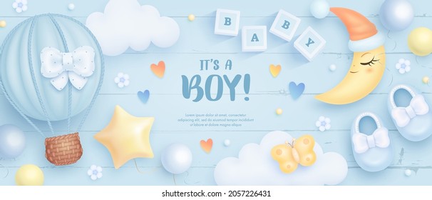 Baby shower horizontal banner with cartoon hot air balloon, shoes, crescent moon and helium balloons on blue background. It's a boy. Vector illustration