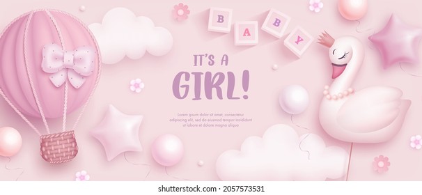 Baby shower horizontal banner with cartoon hot air balloon, swan, helium balloons and flowers on pink background. It's a girl. Vector illustration