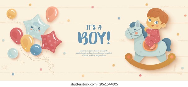 Baby shower horizontal banner with cartoon boy, horse and helium balloons on beige wooden background. It's a boy. Vector illustration