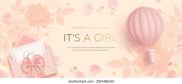 Baby shower horizontal banner with cartoon hot air balloon, envelope and petals on floral background. It's a girl. Vector illustration