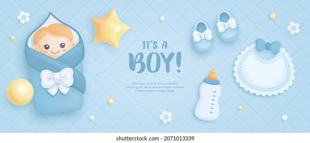 Baby shower horizontal banner with cartoon baby boy, shoes, bottle, bib and helium balloons on blue background. It's a boy. Vector illustration