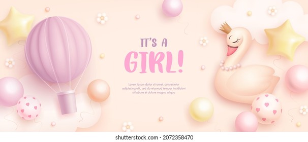 Baby Shower Horizontal Banner With Cartoon Swan, Hot Air Balloon, Helium Balloons And Flowers On Beige Background. It's A Girl. Vector Illustration