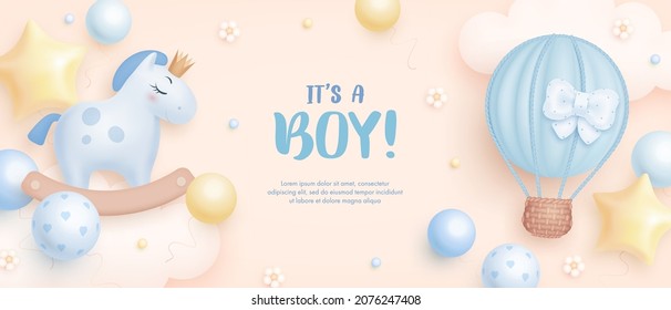 Baby Shower Horizontal Banner With Cartoon Horse, Hot Air Balloon, Helium Balloons And Flowers On Beige Background. It's A Boy. Vector Illustration