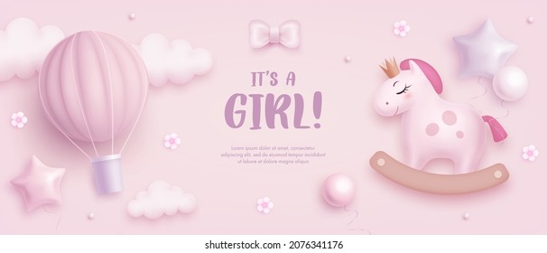 Baby shower horizontal banner with cartoon horse, hot air balloon, helium balloons and flowers on pink background. It's a girl. Vector illustration