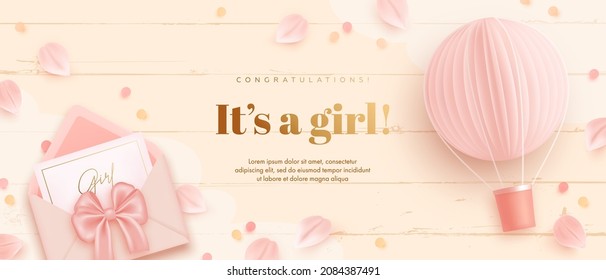 Baby shower horizontal banner with cartoon hot air balloon, envelope and petals on beige wooden background. It's a girl. Vector illustration