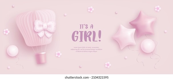 Baby shower horizontal banner with cartoon hot air balloon, helium balloons and flowers on pink background. It's a girl. Vector illustration