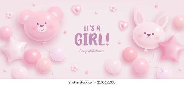 Baby shower horizontal banner with cartoon bear, rabbit, helium balloons and flowers on pink background. It's a girl. Vector illustration - Shutterstock ID 2105651333
