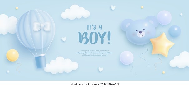 Baby shower horizontal banner with cartoon hot air balloon, helium balloons and clouds on blue background. It's a boy. Vector illustration - Shutterstock ID 2110396613