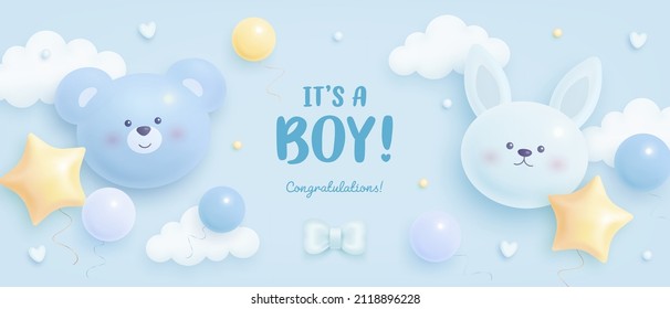 Baby shower horizontal banner with cartoon helium balloons and clouds on blue background. It's a boy. Vector illustration