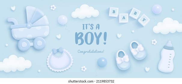 Baby shower horizontal banner with cartoon baby carriage, bib, bottle, helium balloons and clouds on blue background. It's a boy. Vector illustration