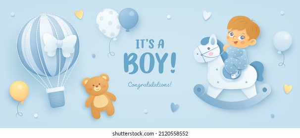 Baby shower horizontal banner with cartoon hot air balloon, baby boy, horse, teddy bear and helium balloons on blue background. It's a boy. Vector illustration