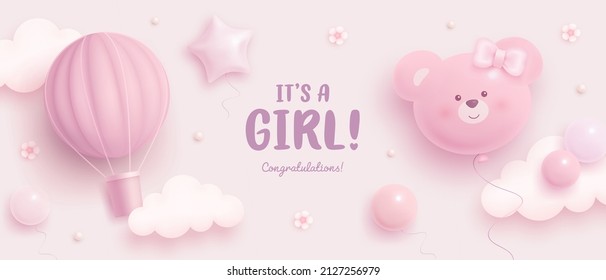 Baby shower horizontal banner with cartoon hot air balloon, helium balloons and flowers on pink background. It's a girl. Vector illustration