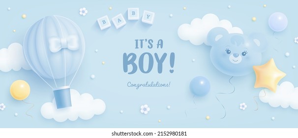 Baby shower horizontal banner with cartoon bear head, hot air balloon, helium balloons and clouds on blue background. It's a boy. Vector illustration