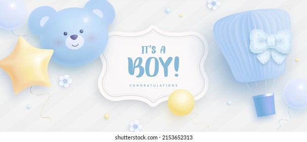 Baby shower horizontal banner with cartoon bear head, hot air balloon, helium balloons and clouds on light background. It's a boy. Vector illustration