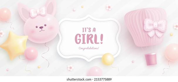 Baby shower horizontal banner with cartoon rabbit, hot air balloon, helium balloons and flowers on light background. It's a girl. Vector illustration