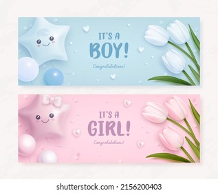 Baby shower horizontal banner with cartoon balloons and realistic tulips on pink and blue background. It's a girl. It's a boy. Vector illustration