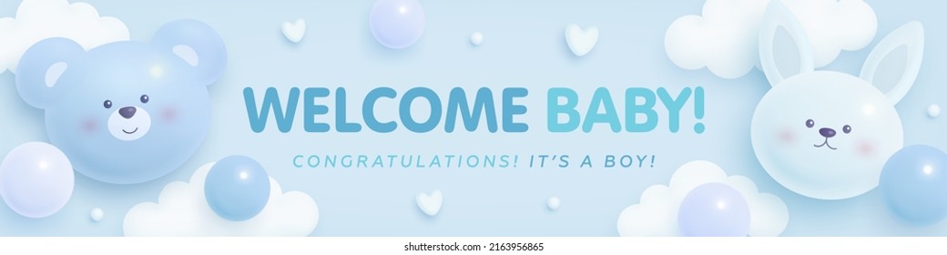 Baby shower horizontal banner with cartoon bear, rabbit and helium balloons on blue background. It's a boy. Vector illustration