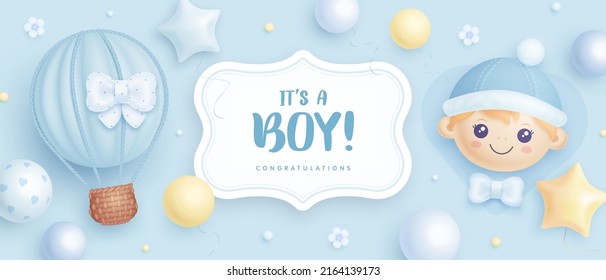 Baby shower horizontal banner with cartoon hot air balloon, helium balloons and flowers on blue background. It's a boy. Vector illustration