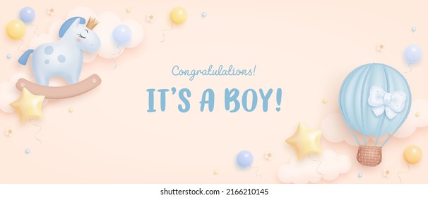 Baby shower horizontal banner with cartoon horse, hot air balloon, helium balloons and clouds on beige background. It's a boy. Vector illustration