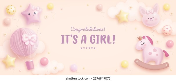 Baby shower horizontal banner with cartoon rabbit, hot air balloon, helium balloons and horse on beige background. It's a girl. Vector illustration - Shutterstock ID 2176949073