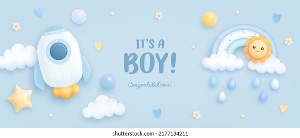 Baby shower horizontal banner with cartoon rocket, rainbow, sun, helium balloons and clouds on blue background. It's a boy. Vector illustration