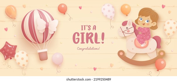 Baby shower horizontal banner with cartoon hot air balloon, girl riding horse, helium balloons and hearts on beige background. It's a girl. Vector illustration