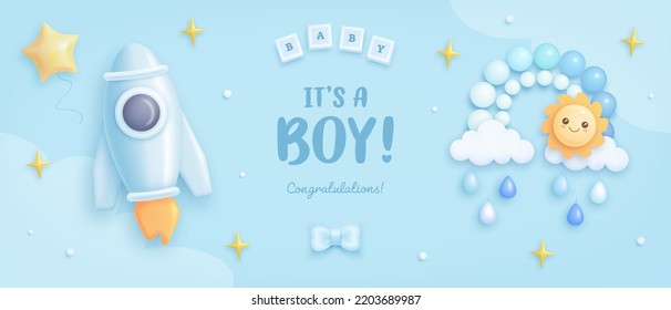 Baby shower horizontal banner with cartoon rocket, rainbow, sun and stars on blue background. It's a boy. Vector illustration