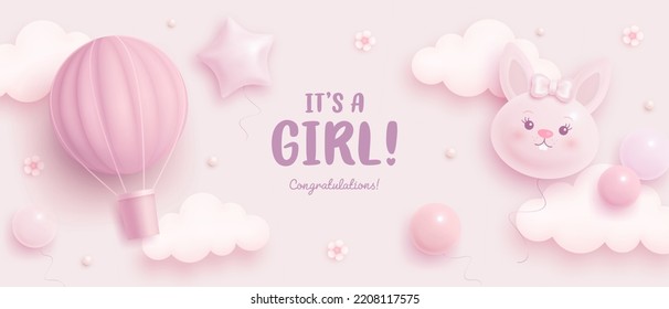 Baby shower horizontal banner with cartoon rabbit, hot air balloon, helium balloons and flowers on pink background. It's a girl. Vector illustration