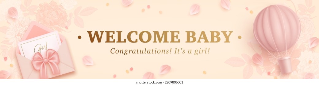 Baby shower horizontal banner with cartoon hot air balloon, envelope, tulips, helium balloons and flowers on beige background. It's a girl. Vector illustration