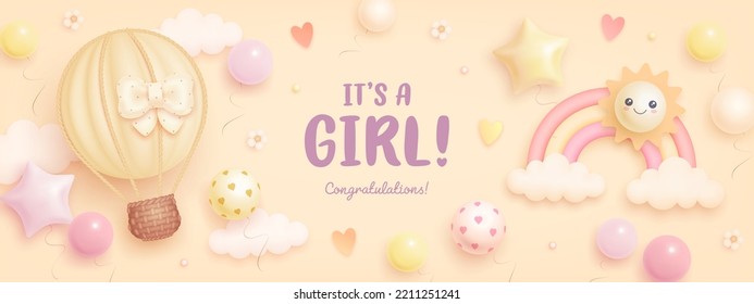 Baby shower horizontal banner with cartoon hot air balloon, rainbow, sun, helium balloons and flowers on beige background. It's a girl. Vector illustration