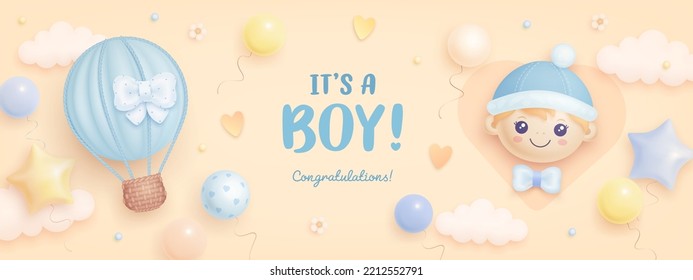 Baby shower horizontal banner with cartoon hot air balloons, helium balloons and clouds on beige background. It's a boy. Vector illustration