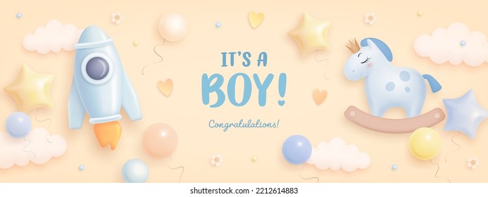 Baby shower horizontal banner with cartoon horse, rocket, helium balloons and clouds on beige background. It's a boy. Vector illustration