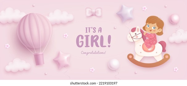 Baby shower horizontal banner with cartoon hot air balloon, girl riding horse, helium balloons and flowers on pink background. It's a girl. Vector illustration