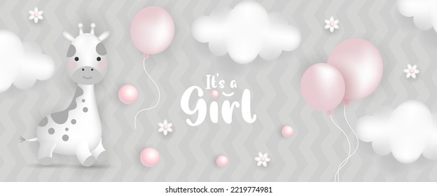 Baby shower horizontal banner with cartoon giraffe. Vector illustration.