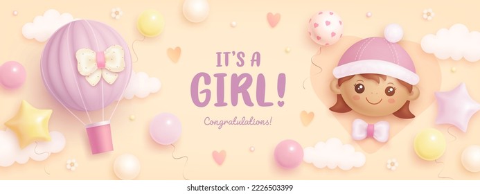 Baby shower horizontal banner with cartoon black baby girl and helium balloons on beige background. It's a girl. Vector illustration