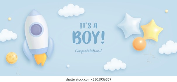 Baby shower horizontal banner with cartoon rocket and helium balloons on blue background. It's a boy. Vector illustration