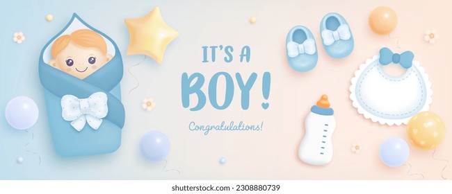 Baby shower horizontal banner with cartoon baby boy, shoes, bottle, bib and helium balloons on gradient background. It's a boy. Vector illustration