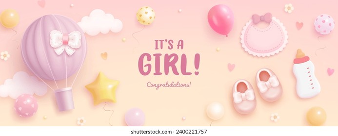 Baby shower horizontal banner with cartoon hot air balloon, bib, bottle, shoes, helium balloons and flowers on pink background. It's a girl. Vector illustration