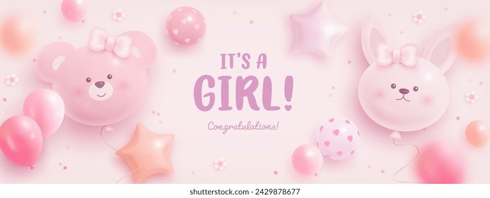 Baby shower horizontal banner with cartoon bear, bunny, helium balloons and flowers on pink background. It's a girl. Vector illustration