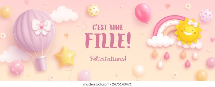 Baby shower horizontal banner with cartoon rainbow, sun and hot air balloon on pink background. French lettering. Translation from French It's a girl. Vector illustration