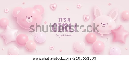 Baby shower horizontal banner with cartoon bear, rabbit, helium balloons and flowers on pink background. It's a girl. Vector illustration