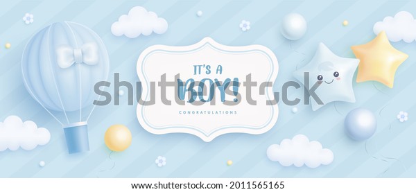 Baby shower horizontal banner with cartoon\
hot air balloon, helium balloons and flowers on blue background.\
It\'s a boy. Vector\
illustration