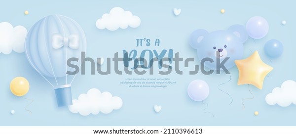 Baby shower horizontal banner with cartoon\
hot air balloon, helium balloons and clouds on blue background.\
It\'s a boy. Vector\
illustration