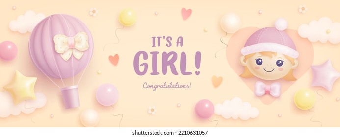 Baby shower horizontal banner or invitation with cartoon hot air balloon, helium balloons and flowers on beige background. It's a girl. Vector illustration