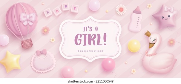 Baby shower horizontal banner or invitation with cartoon hot air balloon, baby bottle, helium balloons, toys and flowers on pink background. It's a girl. Vector illustration